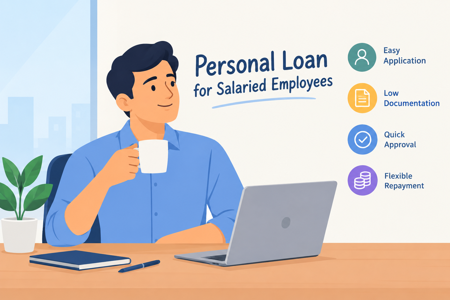 Personal loan for salaried employees in India, highlighting easy online application, low documentation, quick approval, and flexible repayment options.